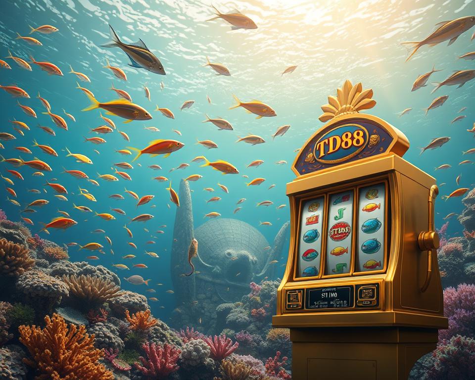 A serene underwater scene, where schools of vibrant fish dart through the crystal-clear waters. In the foreground, a massive, gilded slot machine with the TD88 logo stands prominently, its reels gleaming with the promise of a jackpot. The middle ground features a diverse array of aquatic life, from colorful coral formations to gracefully swimming seahorses. In the background, the faint silhouettes of larger predatory fish lurk, creating a sense of subtle tension. Soft, diffused lighting filters through the water, casting a warm, golden glow over the entire composition. The overall mood is one of anticipation and wonder, capturing the thrill and allure of the "Tỷ lệ nổ hũ bắn cá" experience.