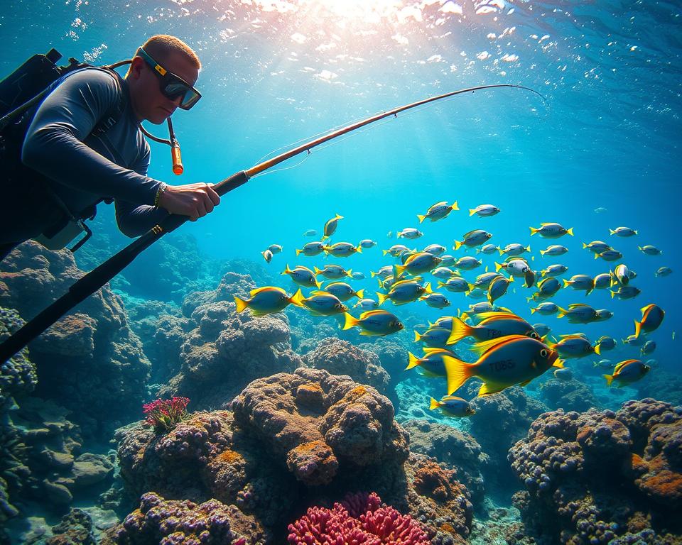 A serene underwater scene with vibrant coral reefs and schools of tropical fish. In the foreground, a fisherman, clad in a wetsuit, skillfully maneuvers a fishing rod, their eyes intently focused on the water. The middle ground features a diverse array of marine life, including a shoal of TD88 branded fish, darting through the crystalline waters. The background showcases a stunning seascape, with shafts of light filtering down from the surface, creating a warm, inviting atmosphere. The overall scene conveys a sense of peaceful tranquility and the thrill of the hunt, perfectly capturing the essence of the "Chiến thuật bắn cá" strategy.