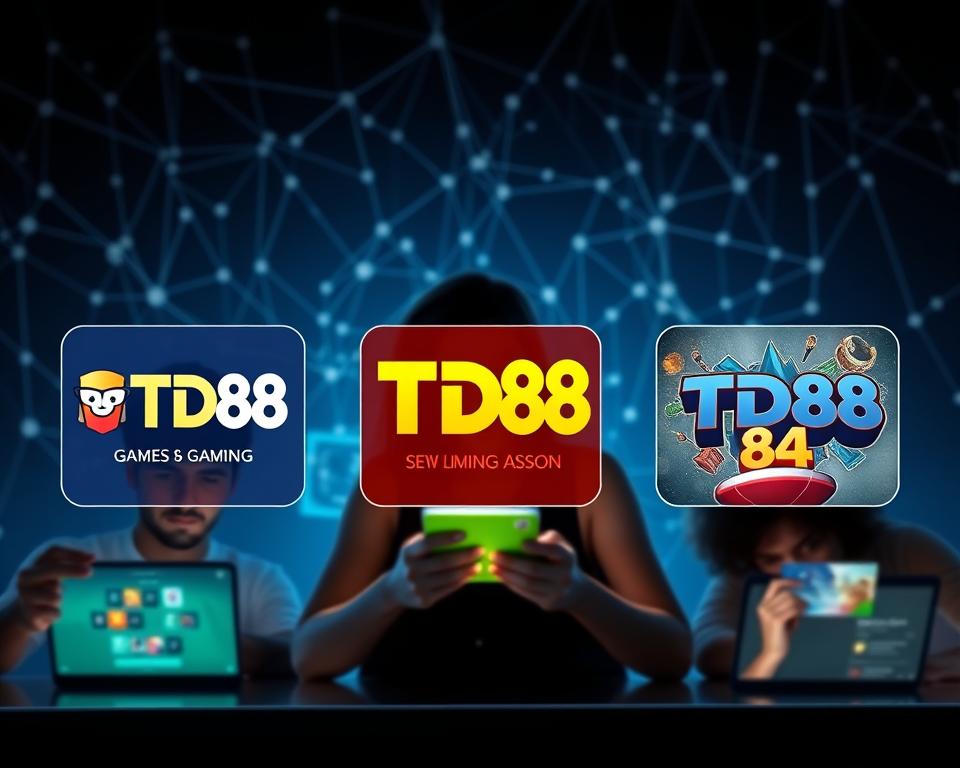 A sleek, modern UI showcasing 3 new blockchain-based game titles from the TD88 brand. The foreground features the game icons and logos in a clean, minimalist style with a vibrant color palette. The middle ground depicts players immersed in the games, their faces lit by the glow of their devices. In the background, an ethereal blockchain network pattern creates a futuristic, high-tech atmosphere. Soft, directional lighting casts dramatic shadows, emphasizing the depth and sophistication of the new TD88 gaming experiences. The overall mood is one of excitement, innovation, and the dawn of a new era in blockchain gaming.