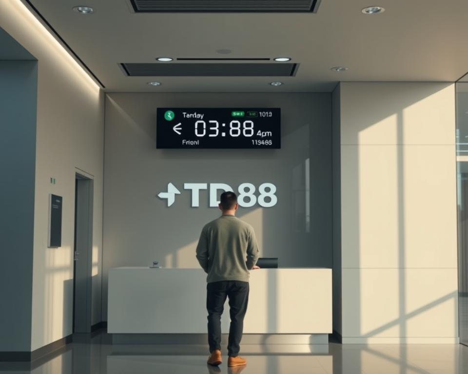 A sleek, modern bank interior with clean lines and a minimalist aesthetic. In the foreground, a person standing at a counter, focused on a digital display showing the processing time for a cash withdrawal request. The lighting is soft and diffused, creating a calm, professional atmosphere. In the background, subtle branding for "TD88" can be seen, conveying a sense of trust and reliability. The overall composition highlights the efficiency and speed of the cash withdrawal process, reflecting the "Thời gian xử lý yêu cầu rút tiền" section of the article.