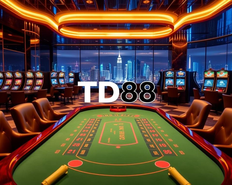 A sleek, modern casino interior with a focus on the TD88 logo. In the foreground, a baccarat table is prominently featured, with elegant green felt and polished wooden accents. The table is surrounded by plush leather chairs, creating an atmosphere of sophistication. In the middle ground, high-end slot machines line the walls, their screens displaying vibrant graphics. The background features a panoramic view of a bustling cityscape, with skyscrapers and neon lights reflecting off the glossy marble flooring. The lighting is warm and inviting, creating a sense of excitement and anticipation. The overall composition conveys a sense of luxury, prestige, and the thrill of online gambling at TD88.