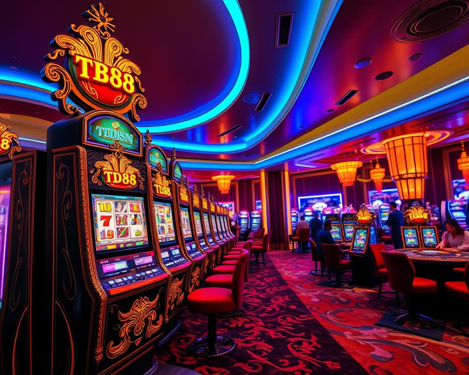 A sleek, modern casino interior with a vibrant, neon-lit atmosphere. The foreground features a large, ornately decorated slot machine with the logo "TD88" prominently displayed. The middle ground showcases a row of similar slot machines, their screens flashing with enticing graphics and jackpot amounts. In the background, there are plush, velvet-covered chairs and tables, where high-rollers are engaged in lively games of chance. The lighting is a captivating blend of warm, golden tones and cool, pulsing neon hues, creating an air of excitement and anticipation. The overall scene conveys a sense of luxury, opulence, and the thrill of potentially hitting the big "nổ hũ" jackpot.