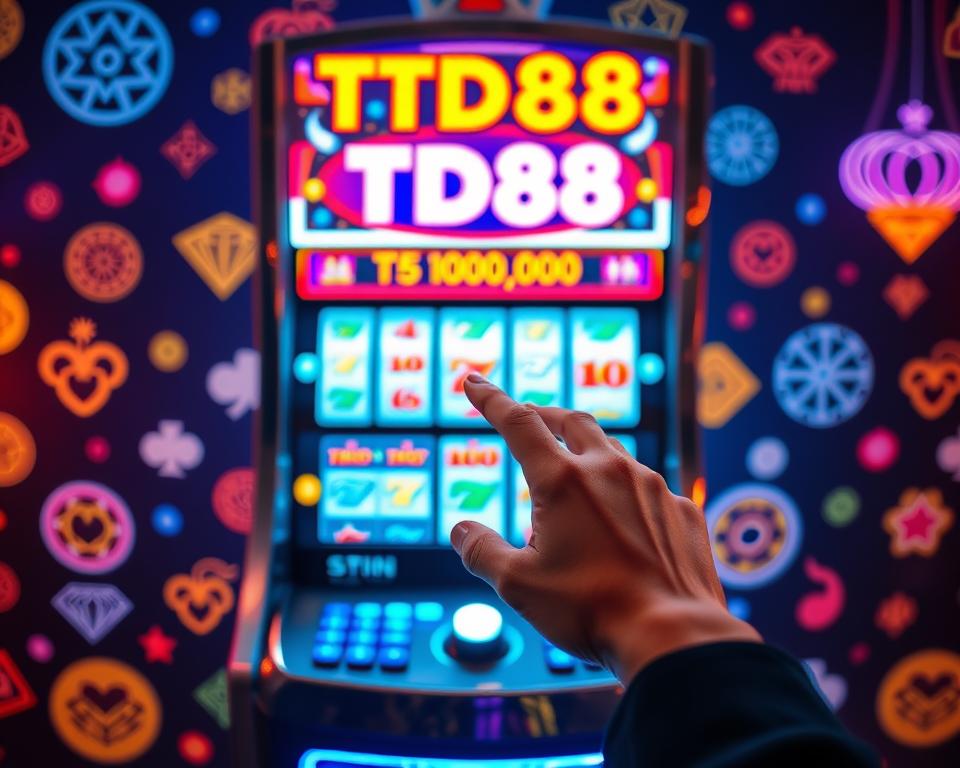 A sleek, modern slot machine against a backdrop of glowing, neon-lit symbols and patterns. The machine's display features the "TD88" brand prominently, inviting the viewer to spin the reels and potentially win big prizes. The scene is illuminated by warm, ambient lighting, creating a sense of excitement and anticipation. The machine's metallic chassis reflects the light, adding a sense of polish and sophistication. In the foreground, a player's hand hovers over the spin button, ready to take a chance and see what fortunes await. The overall atmosphere is one of energy, luck, and the thrill of the gamble.