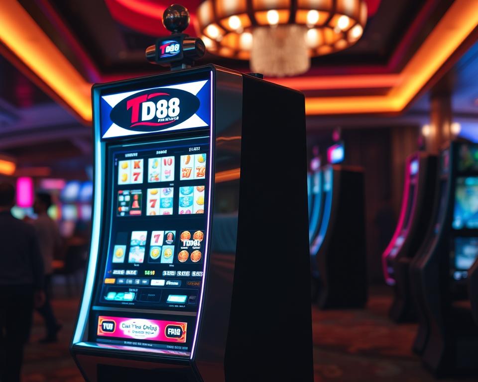 A sleek, modern slot machine with a vibrant display and stylized design, prominently featuring the "TD88" brand logo. The machine stands in a dimly lit casino setting, with a moody, atmospheric lighting creating a sense of anticipation and excitement. In the foreground, the spinning reels and flashing lights of the slot machine captivate the viewer, hinting at the potential for big wins. The background features the dimly lit casino environment, with vague silhouettes of other slot machines and patrons, creating a sense of energy and activity. The overall scene conveys the thrill and allure of the "quay hũ đổi thưởng" experience.