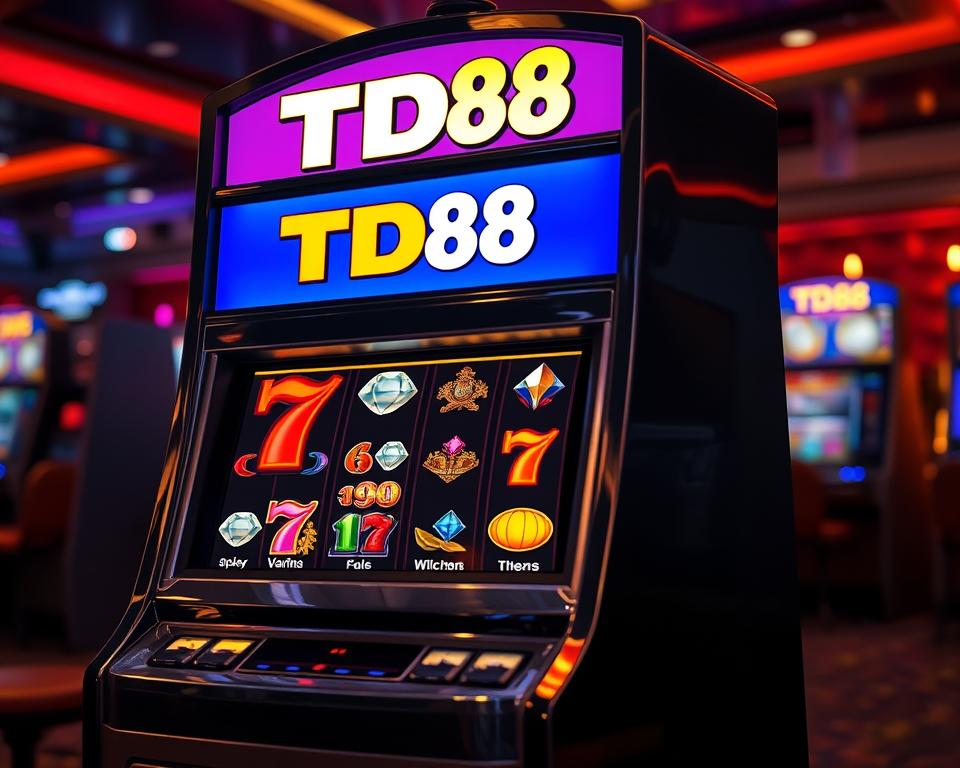 A sleek, modern slot machine with the TD88 logo prominently displayed on its surface. The machine stands in a dimly lit casino environment, casting a warm, inviting glow. The reels are spinning, showcasing a variety of vibrant, high-definition symbols including lucky 7s, bar icons, and gems. The machine is positioned at an angle, allowing the viewer to see the intricate details of its design, including the polished metal casing and flashing lights. The scene is captured with a shallow depth of field, emphasizing the focus on the slot machine and creating a sense of immersion. The overall atmosphere is one of excitement and anticipation, hinting at the potential for big wins.
