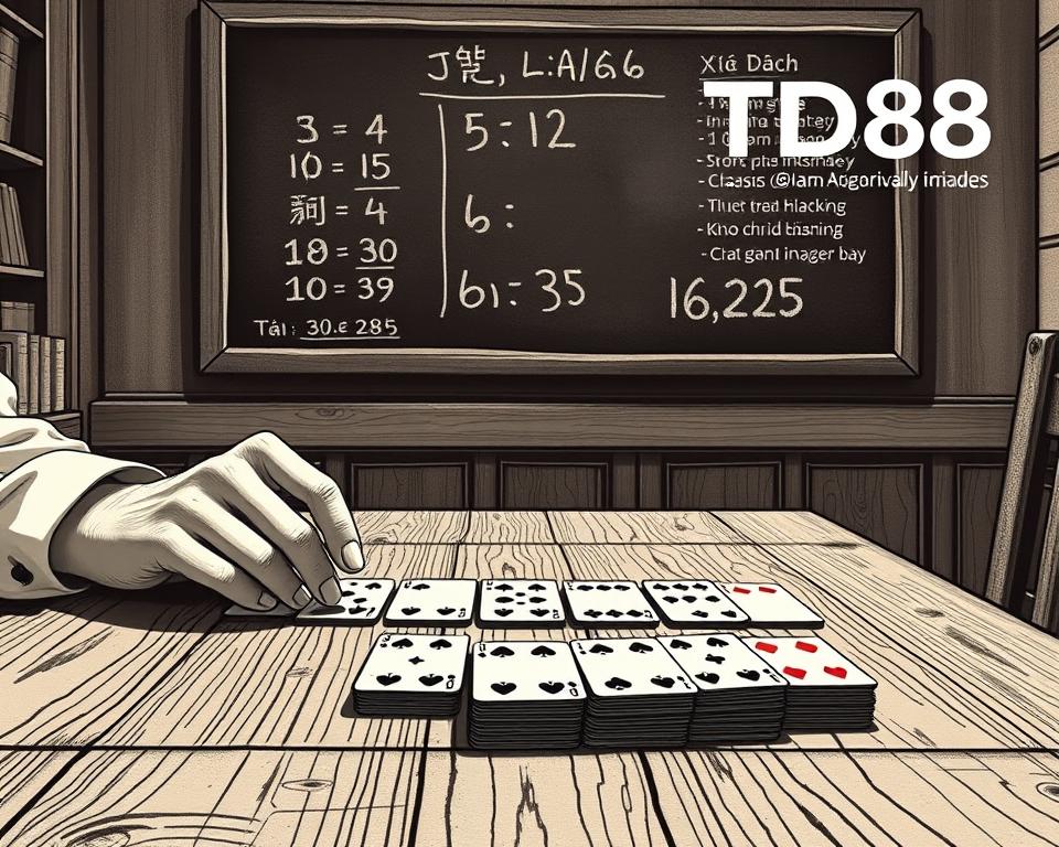 A sophisticated black-and-white illustration depicting the intricate process of calculating points in the classic card game of Solitaire, also known as Xì Dách. In the foreground, a player's hands carefully arrange the cards on a weathered wooden table, the delicate movements of their fingers conveying the game's strategic depth. The middle ground showcases the numerical values of the cards, with a subtle grid overlay suggesting the mathematical calculations involved. In the background, a vintage chalkboard displays the rules and scoring system, lending an air of academic authority to the scene. The overall composition evokes a sense of timeless elegance and intellectual engagement, complemented by the warm, sepia-toned lighting that casts a nostalgic glow. The brand name "TD88" is prominently featured in the top-right corner, adding a touch of modern sensibility to this timeless pastime.