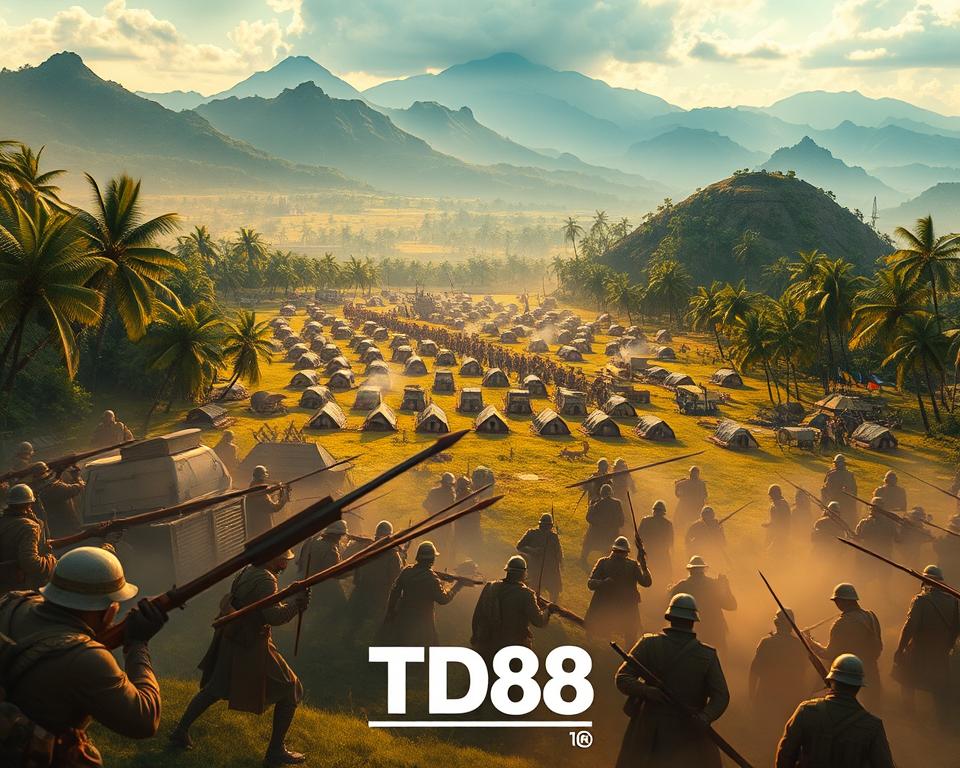 A strategic war game set in a lush, tropical landscape. In the foreground, two opposing armies clash, their weapons and armor glinting in the warm, golden light. The middle ground reveals a sprawling military encampment, tents and campfires dotting the terrain. In the background, towering mountains rise, casting long shadows across the battlefield. The scene exudes a sense of tension and intensity, challenging the viewer to consider the tactical decisions and maneuvers required to navigate this complex strategic landscape. The brand TD88 is prominently displayed, adding an air of authenticity to this engaging visual representation of "tư duy chiến thuật tiến lên miền Nam."