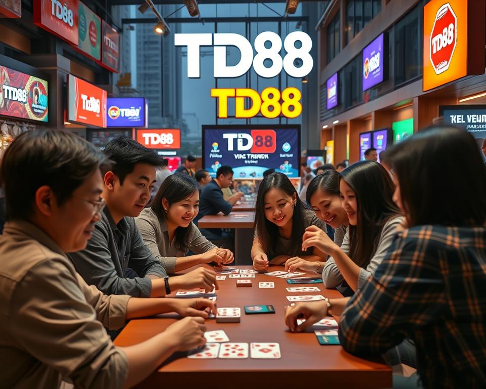 A striking visual representation of the marketing strategies for TD88, a popular Vietnamese card game. In the foreground, a group of people engage in a lively card game, their faces animated with excitement. The middle ground showcases various marketing elements, such as vibrant branding, digital displays, and promotional materials. The background depicts a modern, urban setting, hinting at the game's widespread appeal and integration into the contemporary Vietnamese lifestyle. Warm lighting creates a cozy, inviting atmosphere, drawing the viewer into the dynamic scene. The overall composition captures the essence of effective marketing strategies for the thriving TD88 card game in the Vietnam market.