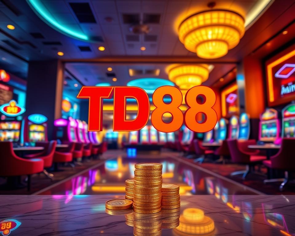 A stunning casino promotion with vibrant neon lights, featuring the brand &quot;TD88&quot; in bold, eye-catching typography. The foreground showcases an elegant stack of gold coins, symbolizing the generous deposit bonuses and rewards. In the middle ground, a sleek, modern casino lobby sets the scene, with plush seating and gleaming marble floors. The background is filled with a dazzling array of slot machines and gaming tables, bathed in a warm, inviting glow. The overall atmosphere evokes a sense of excitement and the promise of lucrative opportunities for the player. Crisp, high-contrast lighting and a cinematic camera angle heighten the visual impact, making this an enticing and visually captivating representation of the &quot;Ưu đãi hấp dẫn khi nạp tiền casino lần đầu&quot; experience.