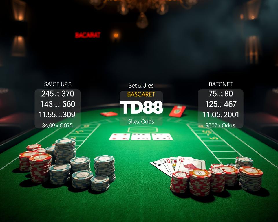 A stylized and visually striking illustration of the various baccarat bet types and their corresponding payout odds. The composition features a central table with a velvety green felt surface, surrounded by a dimly lit casino ambiance. On the table, neatly arranged stacks of casino chips in a variety of denominations, along with elegant baccarat playing cards and a TD88 logo. The background is hazy and atmospheric, with subtle lighting effects and hints of opulent decor, conveying a sense of high-stakes elegance. The overall mood is one of sophistication and anticipation, inviting the viewer to explore the nuances of baccarat betting strategies.