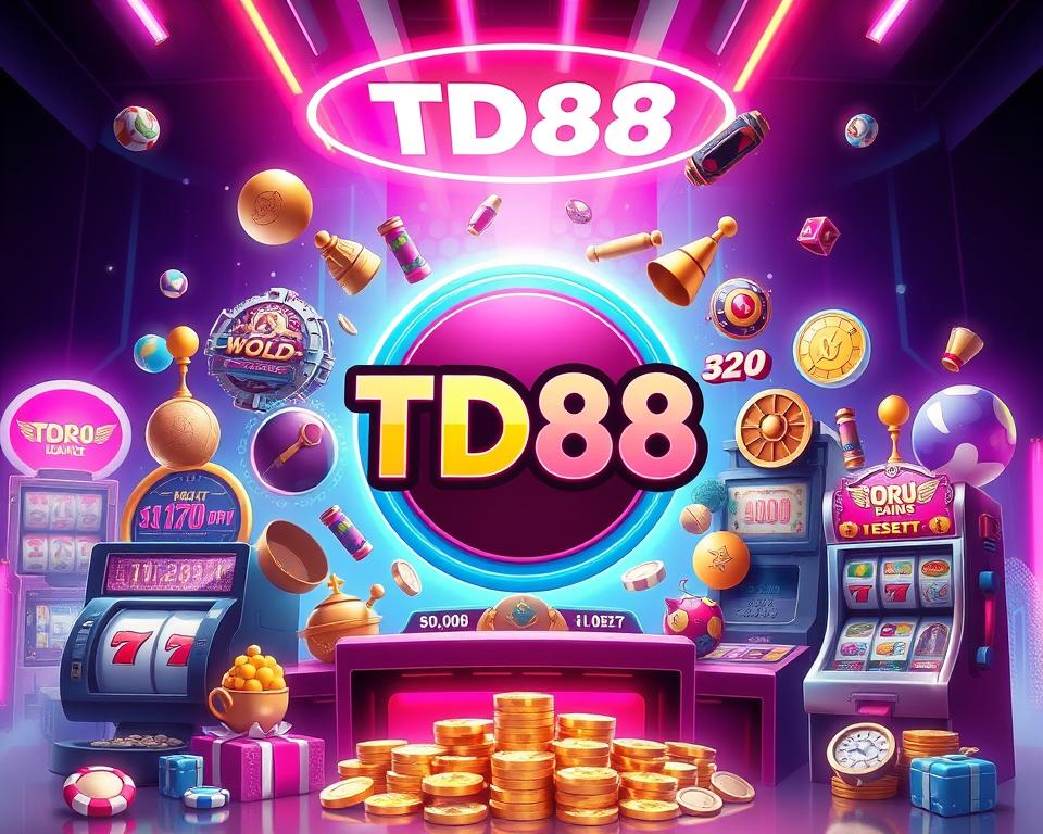 A stylized, detailed illustration showcasing various gaming terms and concepts related to the popular "nổ hũ" (slot machine) genre. Set against a vibrant, neon-infused backdrop, the image features a central focus on the "TD88" brand logo, prominently displayed. Surrounding the logo are various UI elements, icons, and symbols associated with slot games, such as spinning reels, jackpot indicators, and classic slot machine styling. The overall composition strikes a balance between sleek, modern design and a sense of energy and excitement, reflecting the dynamic nature of online slot gaming. The lighting is dramatic, with bold highlights and shadows that add depth and visual interest to the scene.