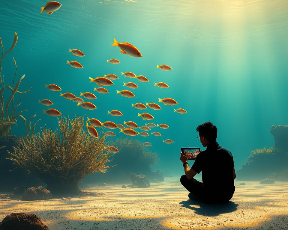 A tranquil underwater scene, where a school of vibrant fish swim amid swaying seaweed and coral formations. The water is bathed in a warm, golden glow, creating a serene and calming atmosphere. In the foreground, a lone player sits before a mobile device, their expression tense as they engage with the game "TD88 Bắn Cá". The player's silhouette casts a shadow on the seafloor, hinting at the risks and uncertainties that lurk beneath the surface of the game. The image conveys a sense of both allure and apprehension, capturing the thrill and the potential pitfalls of the popular "Bắn Cá" mobile game.