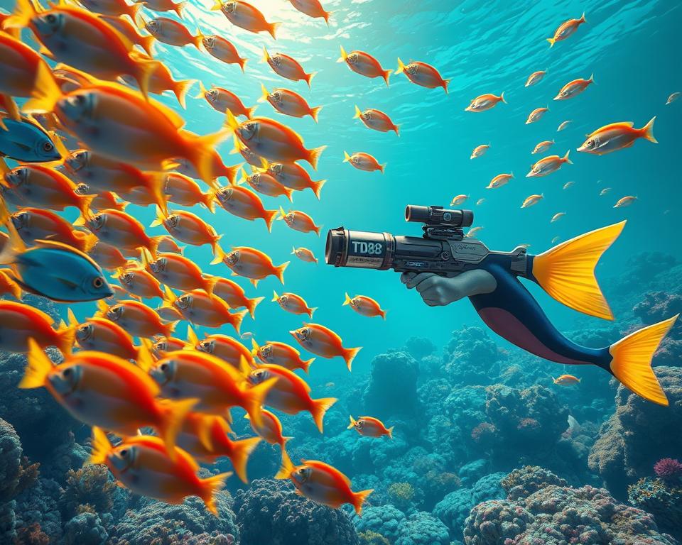 A vibrant and captivating underwater scene depicting the latest installment of the "Mã game bắn cá" series, set for release in 2024. In the foreground, a colorful school of tropical fish dart and weave, their iridescent scales shimmering under the warm, diffused lighting. In the middle ground, the player's character, a nimble and agile marine creature, takes aim with a high-tech harpoon gun emblazoned with the "TD88" brand name. The background showcases a lush, serene coral reef teeming with life, creating a sense of tranquility and wonder. The overall atmosphere is one of excitement and adventure, perfectly capturing the essence of this eagerly anticipated mobile game.