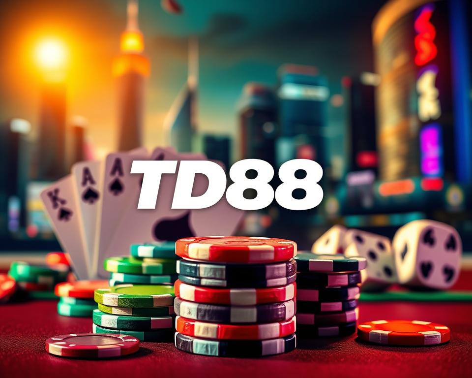 A vibrant and dynamic scene showcasing the top gaming promotions in 2024. In the foreground, a stack of glossy casino chips in a variety of colors, illuminated by a warm, golden light. Behind them, the silhouettes of playing cards and dice create a sense of excitement and anticipation. In the middle ground, the bold and eye-catching logo of "TD88" takes center stage, reflecting the brand's prominence in the gaming industry. In the background, a blurred cityscape with towering skyscrapers and neon lights suggests an urban, high-stakes environment. The overall atmosphere conveys a sense of glamour, energy, and the thrill of the gaming experience.