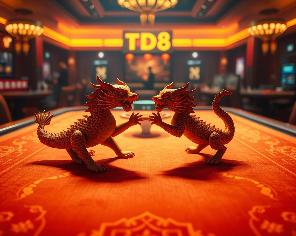A vibrant and dynamic tableau of the iconic &amp;quot;Rồng Hổ&amp;quot; game from TD88. In the foreground, the iconic dragon and tiger symbols dance across a richly textured gaming table, bathed in a warm, golden light. The middle ground features the crisp, high-contrast graphics and UI elements of the TD88 platform, showcasing the game's sleek and modern aesthetic. In the background, a hazy, atmospheric setting evokes the excitement and energy of a casino, with hints of neon lights and the faint sounds of chatter and anticipation. The overall composition exudes a sense of anticipation, strategy, and the thrill of chance that defines the Rồng Hổ experience at TD88.