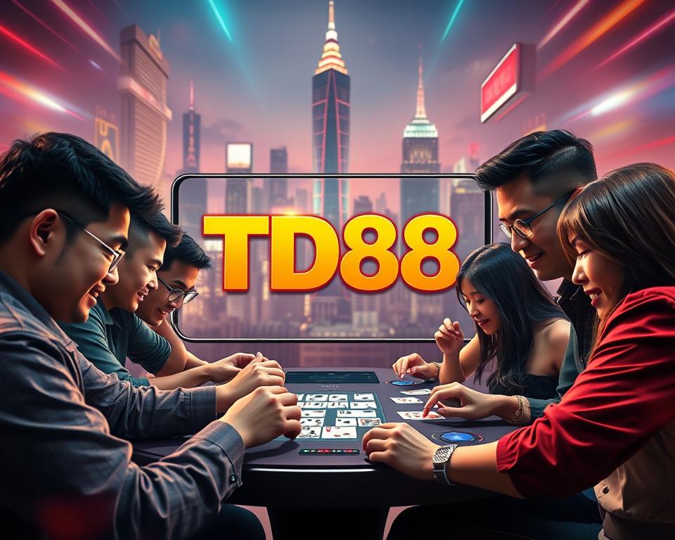 A vibrant and immersive mobile game scene, showcasing the TD88 brand. In the foreground, players engage in a captivating card game, their expressions focused and excited. The middle ground features a sleek, modern interface with bold typography and intuitive controls. In the background, a cityscape of skyscrapers and neon lights sets the stage, conveying the urban, high-tech atmosphere of the mobile gaming experience. Lighting is dynamic, with warm hues and subtle lens flares, creating a visually striking and visually appealing composition. The overall mood is one of energy, engagement, and the thrill of mobile gaming.