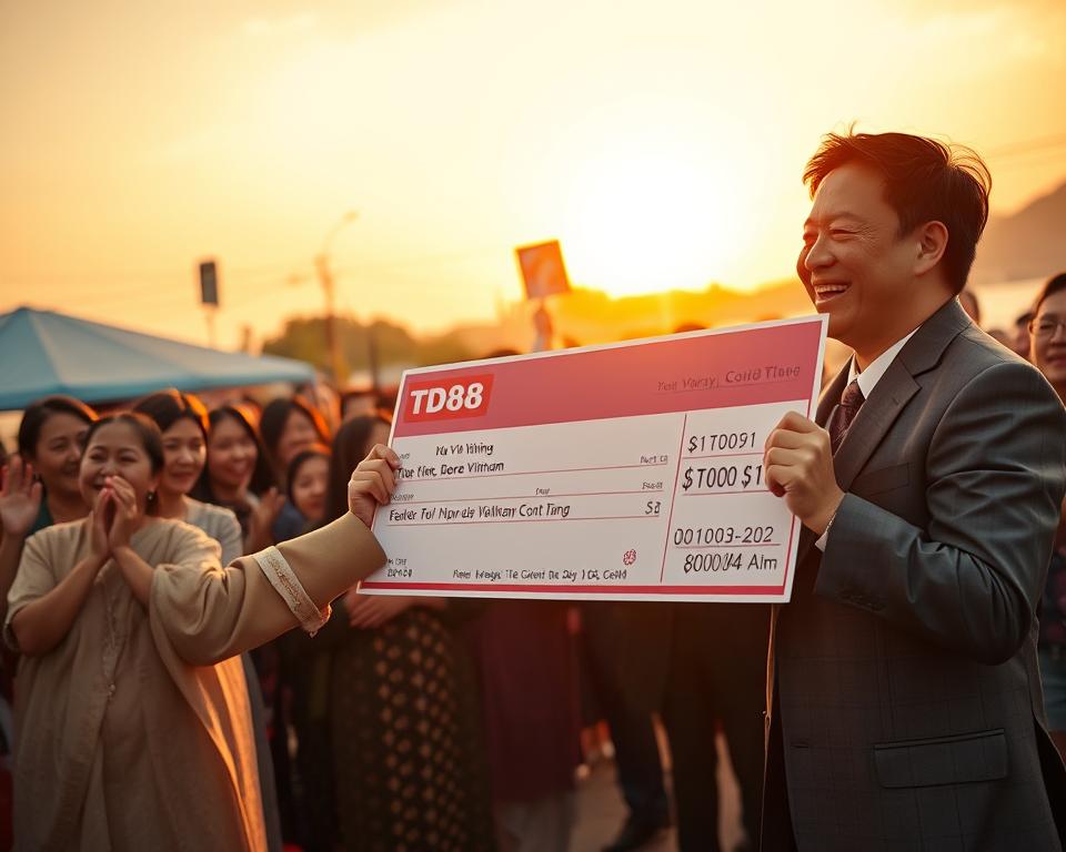 A vibrant and lively scene depicting the process of receiving lottery winnings in southern Vietnam. The foreground shows a person, dressed in formal attire, joyfully accepting an oversized check from a lottery representative, their face beaming with excitement. The middle ground features a crowd of onlookers, capturing the celebratory atmosphere with their applause and smiles. In the background, the setting sun casts a warm, golden glow, creating a sense of prosperity and good fortune. The overall composition conveys the thrill and satisfaction of winning the TD88 lottery in Vietnam.