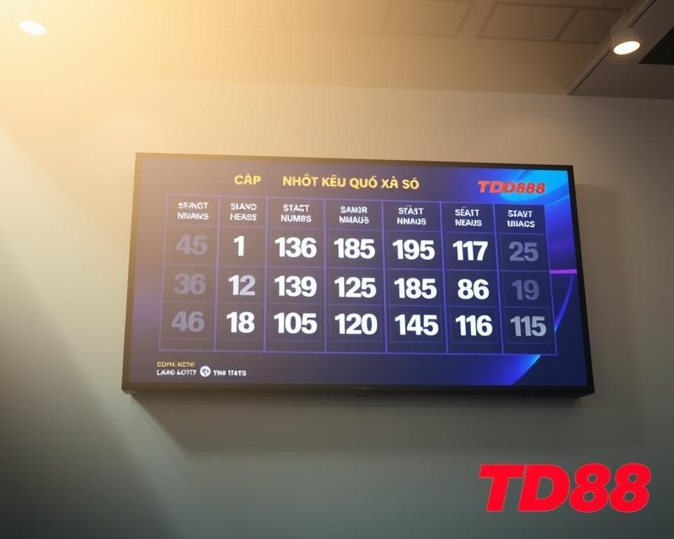 A vibrant and modern digital lottery display showcasing the latest "cập nhật kết quả xổ số" results. The screen features a clean, minimalist design with a bold, sans-serif font and crisp, high-definition graphics. The foreground displays the current winning numbers in a large, easy-to-read format, while the background features a subtle gradient or geometric pattern in a complementary color scheme. Soft, diffused lighting creates a warm, inviting atmosphere, and the overall composition conveys a sense of efficiency, timeliness, and trustworthiness. The TD88 logo is prominently displayed in the lower right corner, adding a professional and reputable touch.