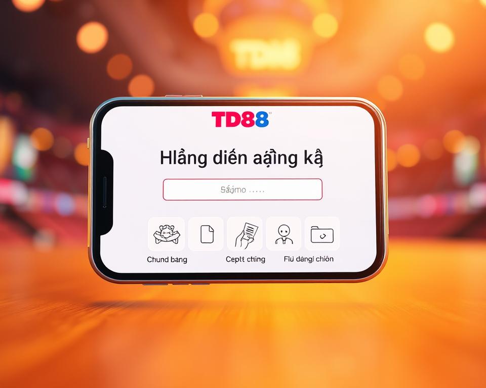 A vibrant and visually engaging image of a mobile game registration screen for the TD88 platform. The screen features a clean, modern design with a prominent "Hướng dẫn đăng ký" headline. The middle ground showcases step-by-step instructions, illustrated with simple icons, guiding the user through the registration process. The background blurs softly, highlighting the key information. Warm lighting casts a subtle glow, creating a welcoming atmosphere. The overall composition is balanced, with ample negative space to draw the viewer's attention to the essential details. The image conveys a sense of accessibility and ease of use, perfectly suited to illustrate the "Cách tham gia sự kiện bắn cá 2025" section.