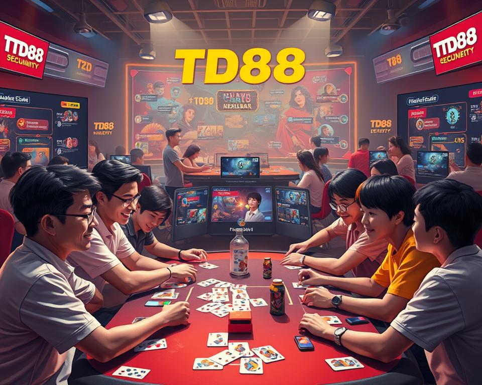 A vibrant, bustling online gaming community filled with the lively energy of players engaged in the classic Vietnamese card game, TD88. In the foreground, a group of friends gather around a virtual table, their faces alight with excitement as they strategize and compete. The middle ground features a dynamic array of game lobbies, leaderboards, and chat interfaces, all seamlessly integrated to create a immersive social experience. In the background, a sleek, modern interface frames the action, with bold branding and clean design elements that evoke the premium quality of the TD88 platform. Warm lighting and a subtle sense of depth contribute to an atmosphere of camaraderie and friendly rivalry, perfectly capturing the essence of this thriving online gaming community.