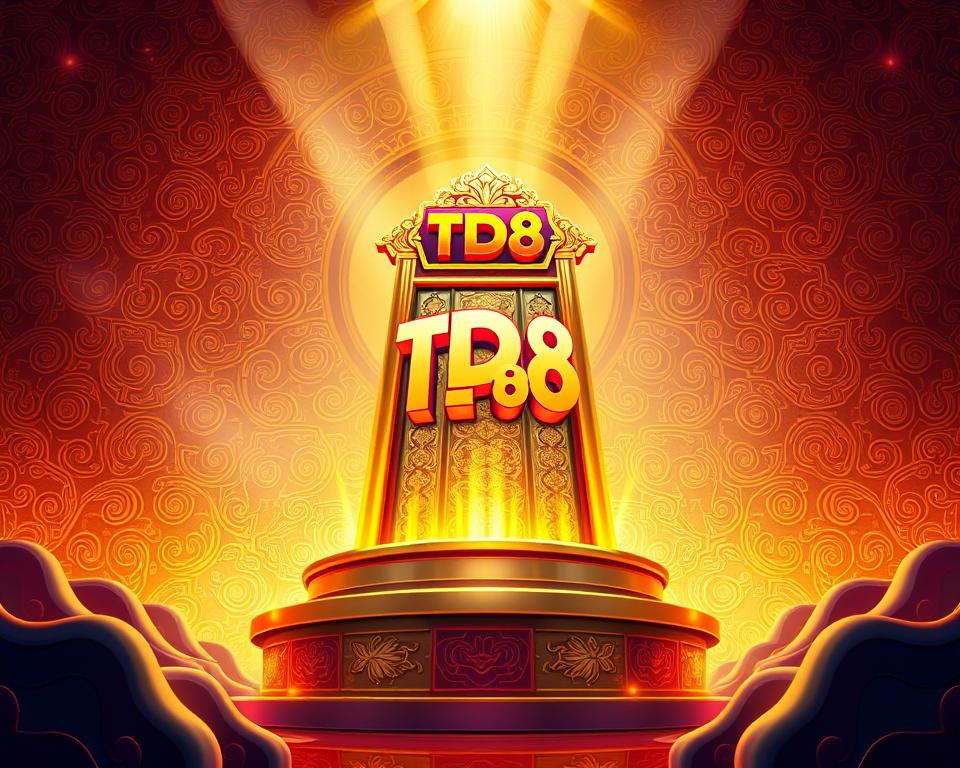 A vibrant, dynamic illustration showcasing the latest "TD88" jackpot promotion. Set against a richly textured, golden background, the foreground depicts a towering, shimmering jackpot symbol - a stylized, three-dimensional "Nổ Hũ" icon radiating an aura of excitement and anticipation. The middle ground features elegant, ornate patterns and motifs, hinting at the luxurious, celebratory atmosphere of the event. Soft, warm lighting bathes the scene, creating a sense of energy and momentum, while subtle lens flares and a slightly cinematic angle lend an air of grandeur and spectacle. The overall composition and color palette evoke a feeling of anticipation, opportunity, and the thrill of striking it big in the world of online gaming.