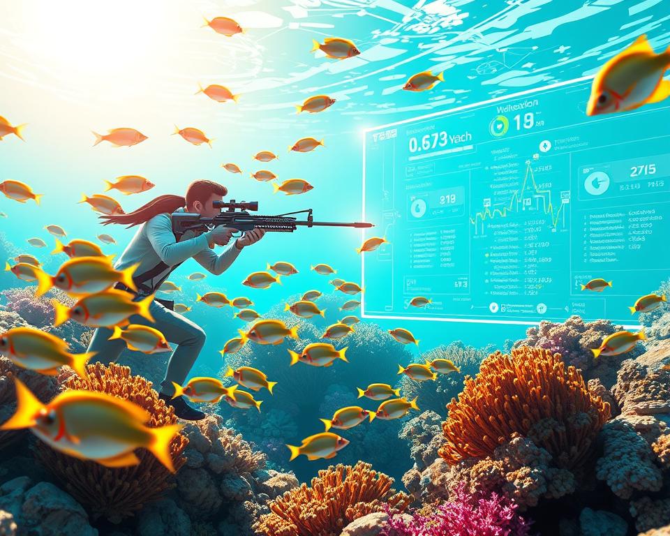 A vibrant, futuristic underwater scene showcasing the benefits of blockchain-powered fish shooting game "TD88". In the foreground, schools of tropical fish dart and weave through a sunlit coral reef, their movements captured in crisp detail. In the middle ground, a player's avatar skillfully aims a high-tech harpoon gun, lining up a perfect shot. The background reveals a gleaming, transparent blockchain interface, displaying real-time transaction data and game statistics. The scene is bathed in a warm, inviting glow, conveying the excitement and transparency of this innovative gaming experience.