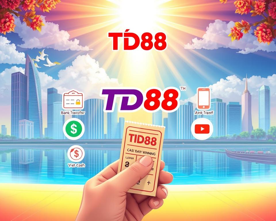 A vibrant illustration depicting the various channels for claiming Vietlott lottery winnings. In the foreground, a hand holds a winning ticket, with a shining beam of light casting an angelic glow. In the middle ground, a diverse array of payment methods are depicted, including cash, bank transfer, and mobile payment options, all framed by the stylized logo of "TD88". In the background, a serene cityscape with modern skyscrapers and a tranquil river, signifying the ease and accessibility of the prize redemption process. The scene is bathed in a warm, golden light, conveying a sense of prosperity and success.