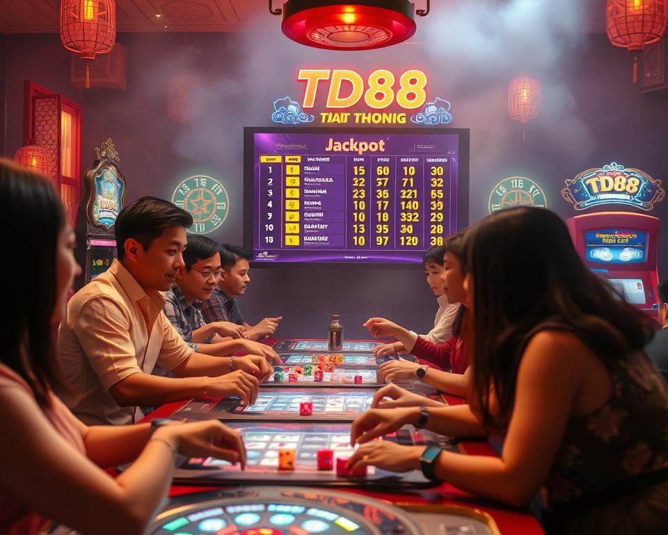 A vibrant scene of a Vietnamese gaming community gathered around a table, deeply immersed in the thrilling games of Quay Hu and Tai Xiu. In the foreground, a group of friends excitedly roll the dice and spin the slots, their faces lit by the warm glow of a dimly lit bar. In the middle ground, a large screen displays the latest jackpot results from TD88, the leading online gaming platform, drawing the attention of the crowd. The background is hazy, creating a sense of energy and excitement, as the players exchange lively banter and celebrate their wins. The atmosphere is one of camaraderie and friendly competition, reflecting the tight-knit nature of this Vietnamese gaming community.