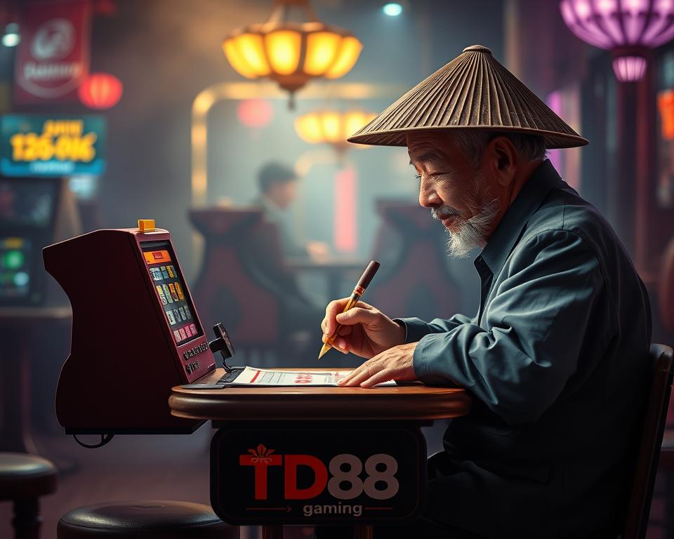 A vibrant scene of an old, weathered-looking Vietnamese "Ông Đồ" (traditional calligrapher) sitting at a small table, intently focused on the game of "Tài Xỉu" (a popular Vietnamese gambling game) in front of him. The background is a hazy, dimly lit gambling hall, with the faint glow of neon lights casting a warm, atmospheric tone. The Ông Đồ wears a traditional Vietnamese hat and holds a calligraphy brush, poised to write the winning numbers or symbols. The table is adorned with a TD88 gaming logo, highlighting the integration of traditional Vietnamese elements with modern gambling entertainment.