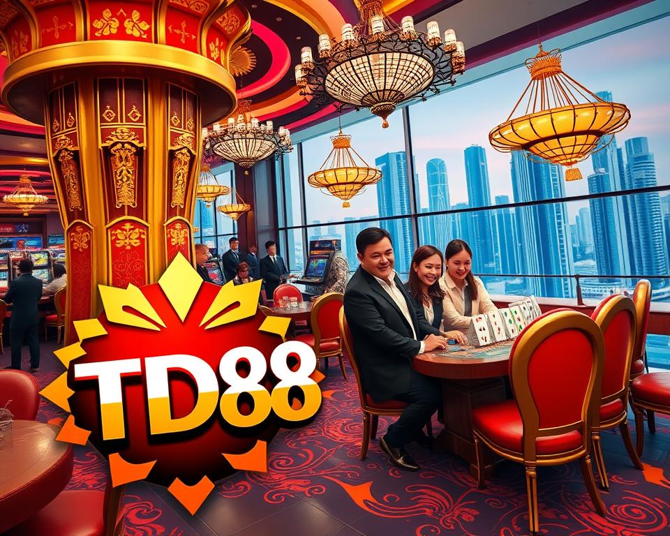 A vibrant, visually striking image of a casino promotion for online players in Vietnam. The scene features the prominent "TD88" casino brand logo in the foreground, accompanied by a dazzling array of gold and red decorative elements evocative of traditional Vietnamese design. In the middle ground, a group of cheerful, well-dressed players engaged in lively gameplay, surrounded by a luxurious casino interior with ornate chandeliers and plush furnishings. The background depicts a cityscape of modern high-rises, hinting at the urban setting. The overall mood is one of excitement, prosperity, and the promise of generous casino bonuses and rewards for Vietnamese online gaming enthusiasts.