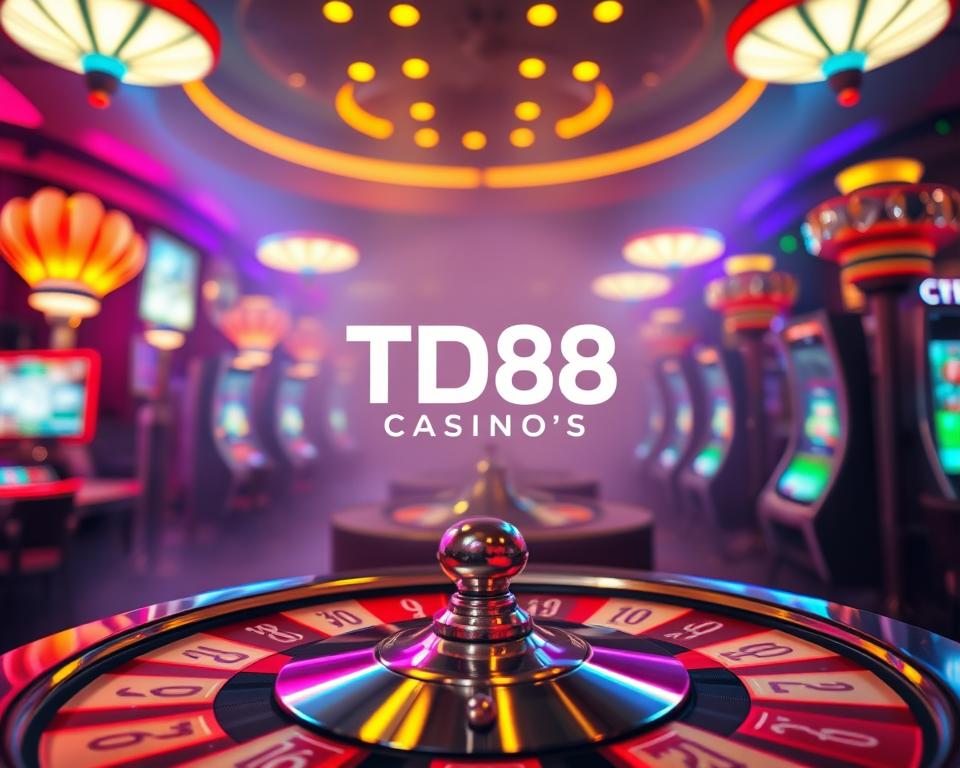 A visually captivating and immersive spinning number game, set against a backdrop of vibrant casino lights and gleaming metallic accents. The foreground features a mesmerizing spinning wheel, its numbers and patterns dancing alluringly. In the middle ground, a sleek and modern TD88 casino logo stands out, inviting players to engage with the thrilling experience. The background is shrouded in a hazy, atmospheric lighting, creating a sense of excitement and anticipation. The overall scene exudes a polished, high-end aesthetic, perfectly capturing the essence of an irresistible casino gaming experience.