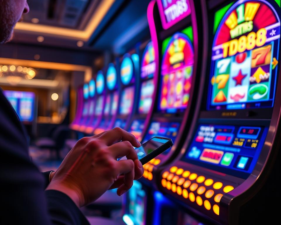 A visually captivating scene of a user's immersive experience with online slot games. Set in a modern, sleek gaming environment, the foreground showcases a person's hands interacting with a mobile device, their focused expression conveying the thrill of the gameplay. The middle ground features a large display screen showcasing the vibrant, high-quality graphics of a TD88 slot game, with bold colors and dynamic animations. The background subtly hints at a luxurious setting, with subtle lighting and hints of sophisticated decor, creating an atmosphere of excitement and indulgence. The overall composition and attention to detail capture the user's captivating experience with the engaging and visually stunning world of online slot gaming.