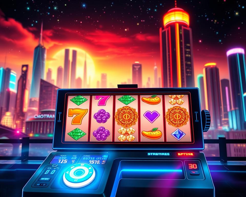 A visually striking and technologically-advanced slot game by TD88, featuring a dazzling array of special features. In the foreground, a sleek, futuristic slot machine with holographic displays and tactile controls. The middle ground showcases a dynamic reel system with bold, vibrant symbols and intricate, pattern-like animations. The background immerses the viewer in a cinematic, neon-infused sci-fi landscape, with towering skyscrapers and a vibrant, pulsing skyline. Dramatic cinematic lighting casts dramatic shadows and highlights, creating a sense of depth and grandeur. The overall atmosphere conveys a thrilling, high-tech experience that captivates the senses.