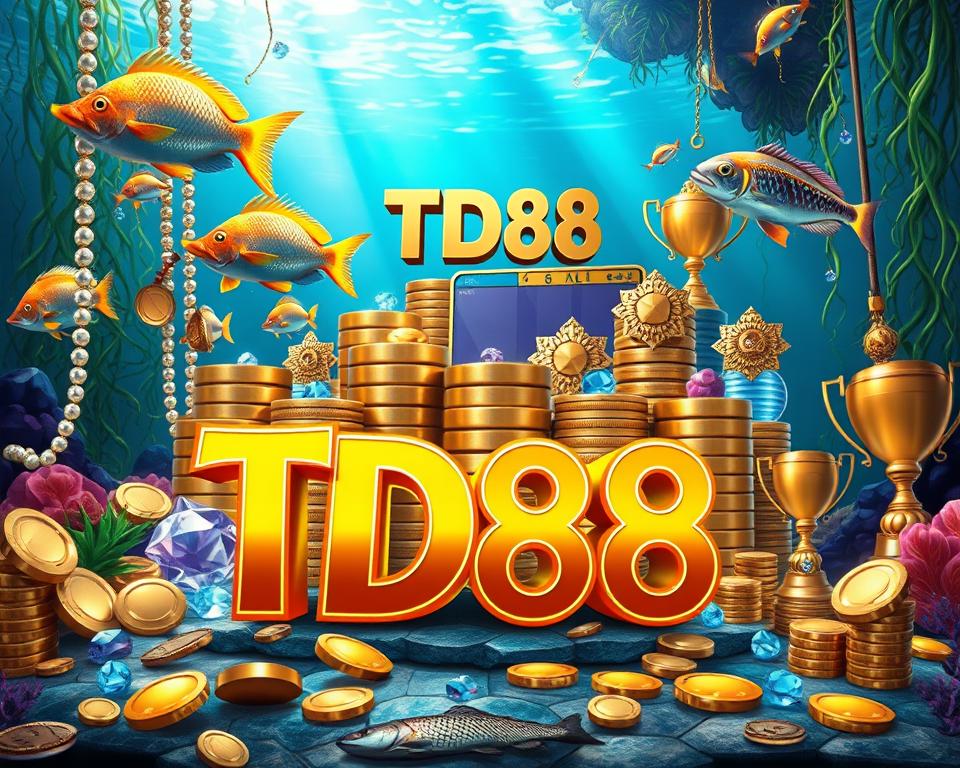 A visually striking image of a fishing game's lucrative rewards, featuring a stunning arrangement of vibrant, oversized coins, fish, and other treasures against a richly detailed, underwater backdrop. The foreground showcases a gleaming gold TD88 logo, flanked by shimmering schools of tropical fish and cascading strings of pearls. The middle ground showcases a variety of gleaming, three-dimensional game rewards, including stacks of coins, sparkling gemstones, and ornate gold trophies. The background depicts a serene, aquatic environment with lush, swaying seaweed and shafts of ethereal, underwater light. The overall scene conveys a sense of opulence, grandeur, and the thrill of winning big in this immersive, mobile fishing game.