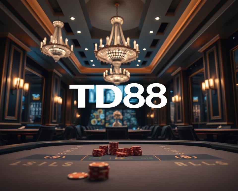 A visually striking live casino interior with the TD88 brand prominently displayed. In the foreground, a sophisticated gaming table with polished felt and gleaming chips. The middle ground features elegant chandeliers casting a warm, inviting glow over the scene. In the background, high ceilings and luxurious decor evoke a sense of exclusivity and grandeur. Subtle ambient lighting from wall sconces and recessed fixtures creates a sophisticated, high-end atmosphere. The overall mood is one of refined elegance, enticing players to immerse themselves in the thrilling world of live casino gaming.