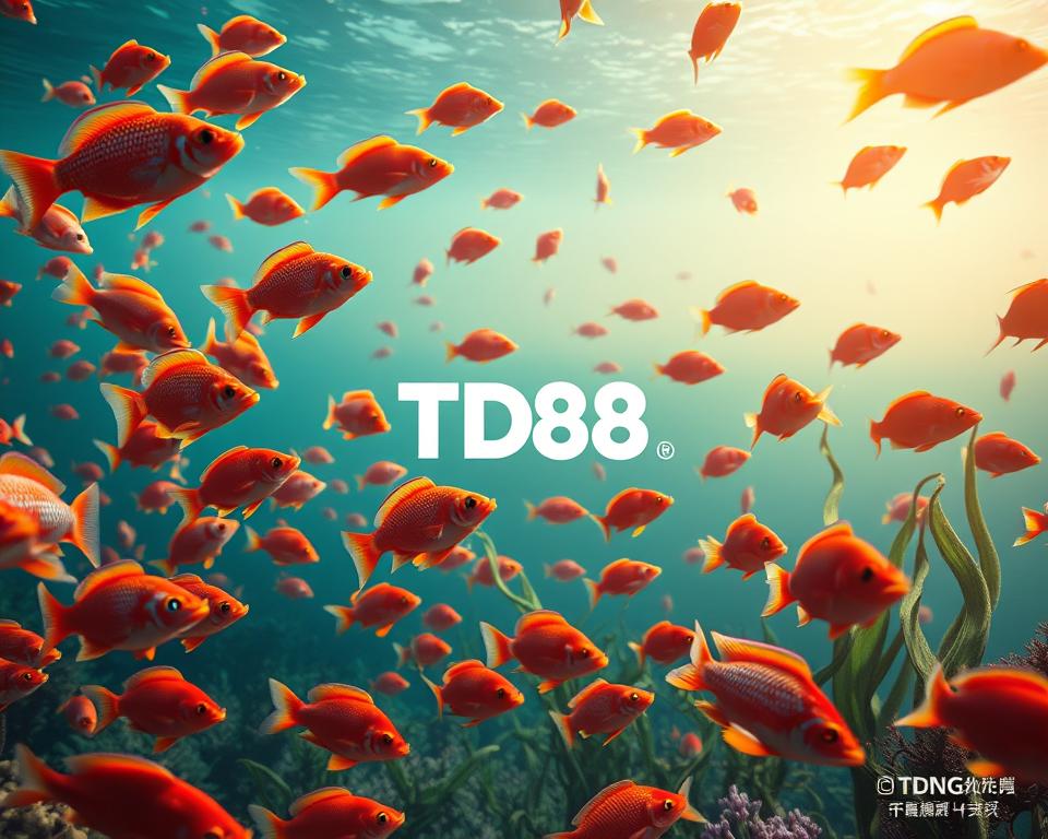 A visually striking scene of an aquatic realm where the thrilling game of "Bắn cá" unfolds. In the foreground, a diverse array of brightly colored fish swim with graceful movements, their scales glimmering under the warm, diffused lighting. The middle ground features the iconic TD88 logo, prominently displayed amidst the underwater environment. In the background, a sense of depth is created by the presence of lush, swaying seaweed and a faint, hazy horizon, evoking a captivating and immersive gaming experience. The overall mood is one of excitement and adventure, capturing the essence of the "Bắn cá game bài" experience.