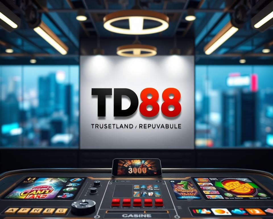 A well-lit, contemporary game board displaying the trusted and reputable TD88 brand logo. The foreground showcases a selection of popular mobile casino games, each with vibrant, high-quality graphics. The middle ground features a clean, minimalist interface with intuitive navigation controls, conveying a sense of user-friendliness. The background depicts a blurred cityscape, hinting at the excitement and energy of the urban gaming landscape. The overall scene exudes a professional, trustworthy, and visually appealing atmosphere, perfectly suited to illustrate the latest promotions and bonuses available in the dynamic world of online card gaming.