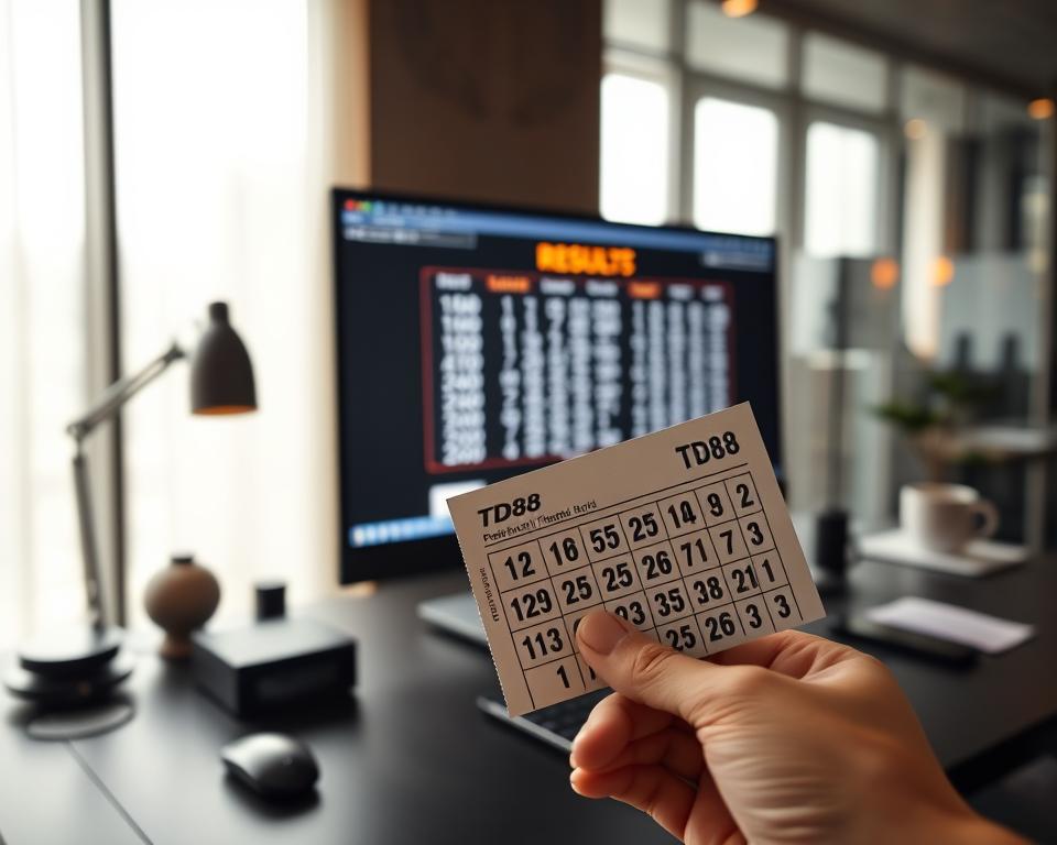 An elegant desktop setup with a sleek black computer and minimalist accessories, showcasing the results of a recent lottery draw on a high-resolution display. The scene is bathed in warm, diffused lighting, creating a sense of focus and tranquility. In the foreground, a hand holds a TD88 lottery ticket, its numbers neatly aligned and highlighted, inviting the viewer to check the latest winning combination. The background is a blurred, out-of-focus view of a modern office environment, emphasizing the importance of the lottery results at hand.