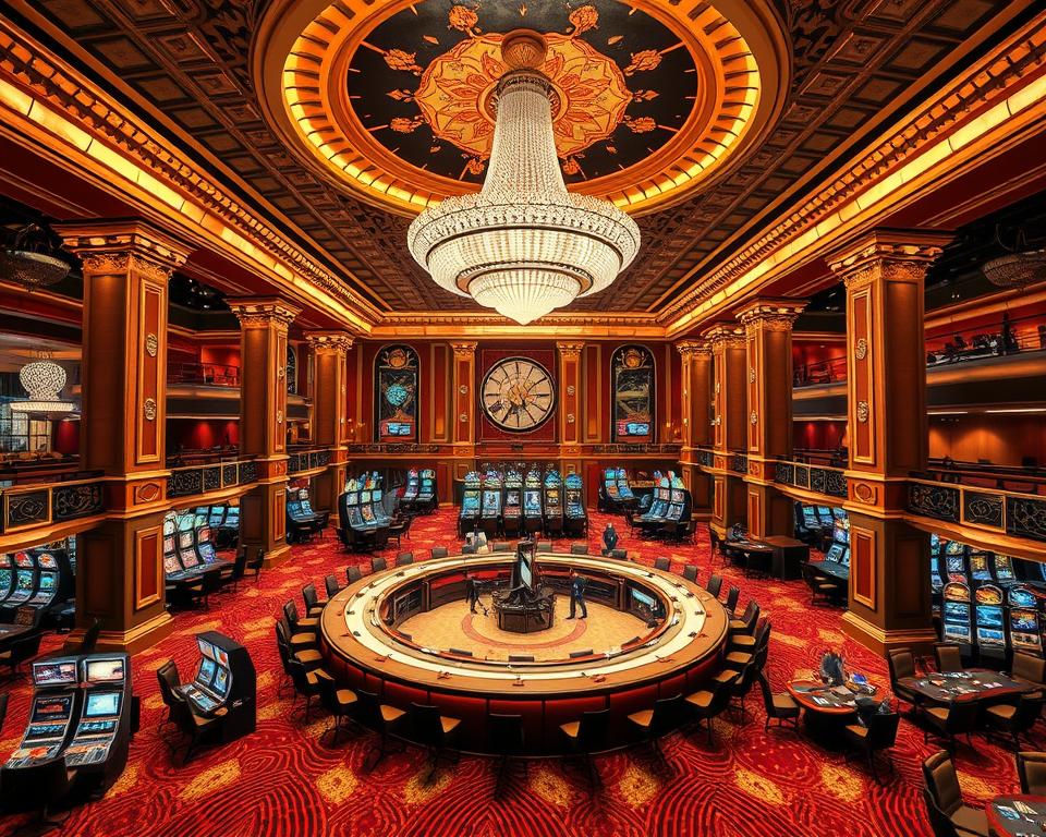 Majestic casino interior with lavish decor, featuring a grand chandelier casting a warm glow over a spacious gaming floor. Rows of slot machines and gaming tables are surrounded by ornate columns, gilded accents, and plush carpeting. In the center, a massive circular bar with a stylish design invites guests to enjoy premium cocktails. The atmosphere exudes an air of luxury and exclusivity, perfectly capturing the essence of the "TD88" casino's limitless withdrawal experience.