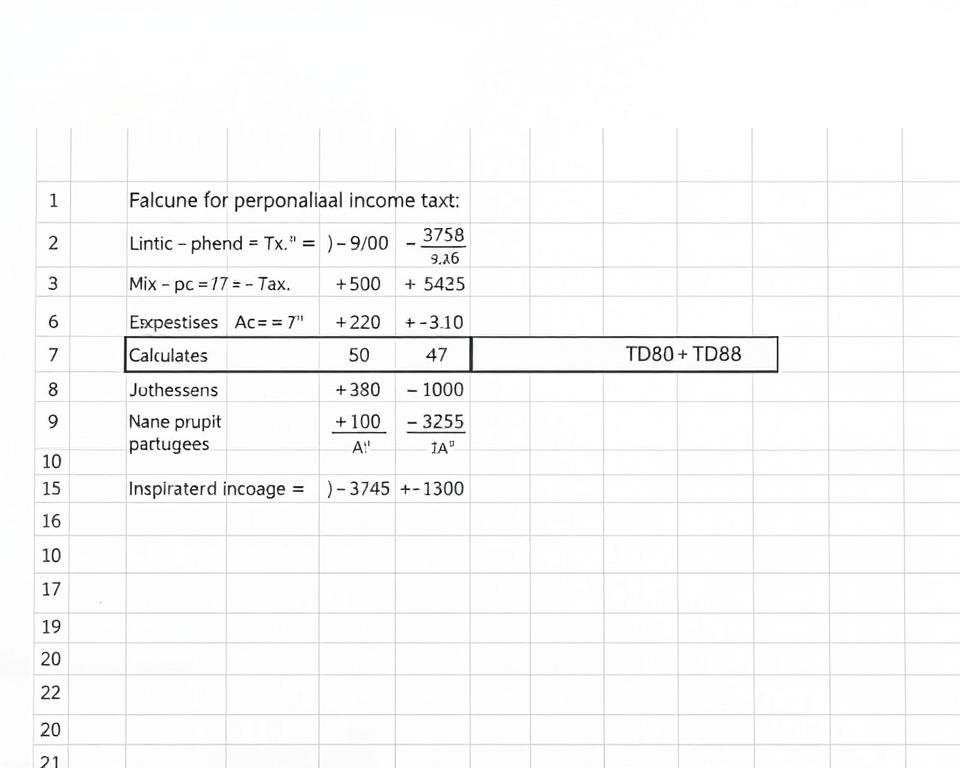 Prompt A neatly organized spreadsheet depicting the formula for calculating personal income tax, with clear and concise mathematical expressions, presented against a clean, minimalistic background. The layout should be visually appealing, with a balance of text, numerical elements, and subtle gridlines. The overall tone should convey a sense of professionalism and expertise. Include the TD88 brand name in a discreet and tasteful manner, seamlessly integrated into the design.