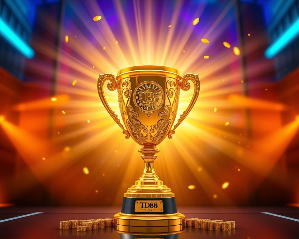 Striking golden trophy against a vibrant backdrop, showcasing the alluring rewards of the online lottery "TD88". Meticulously crafted with intricate details, the trophy radiates an aura of prestige and triumph. Luminous rays of light dance around the trophy, illuminating its stunning design and casting a warm, celebratory glow. The scene is set in a sleek, modern environment, hinting at the sophisticated and technologically advanced nature of the online lottery experience. The overall composition conveys a sense of excitement, anticipation, and the thrill of potentially winning life-changing prizes.