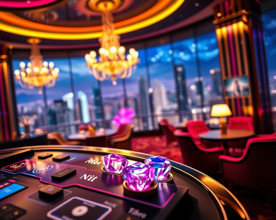 A high-end, visually striking game of TD88 nổ hũ, set against a luxurious backdrop. In the foreground, a close-up of the game interface, with sleek, minimalist design elements and vibrant, crystalline symbols denoting the nổ hũ gameplay. The middle ground features a stylized, neon-lit casino environment, with elegant chandeliers, plush velvet furnishings, and a sense of refined opulence. The background showcases a panoramic cityscape, with towering skyscrapers and a dazzling night sky, creating an atmosphere of sophisticated urban excitement. Soft, directional lighting casts dramatic shadows, heightening the game's cinematic quality and premium feel. The overall composition conveys a sense of high-stakes thrills and exclusivity, inviting the viewer to immerse themselves in the world of TD88 nổ hũ.