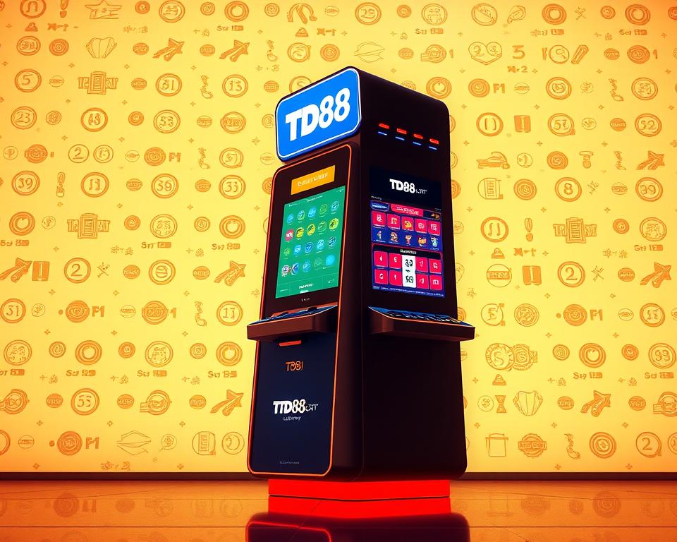 A historical milestone in Vietnam's lottery history, a sleek, futuristic gaming terminal emblazoned with the "TD88" brand stands tall, its minimalist design and vibrant displays capturing the essence of modern computational lottery. The scene is bathed in warm, diffused lighting, casting a soft glow that highlights the terminal's clean lines and glossy surfaces. In the background, a pattern of stylized lottery symbols and digital elements creates a sense of technological progress, while the overall composition conveys a mood of excitement and innovation surrounding this landmark moment in Vietlott's evolution.