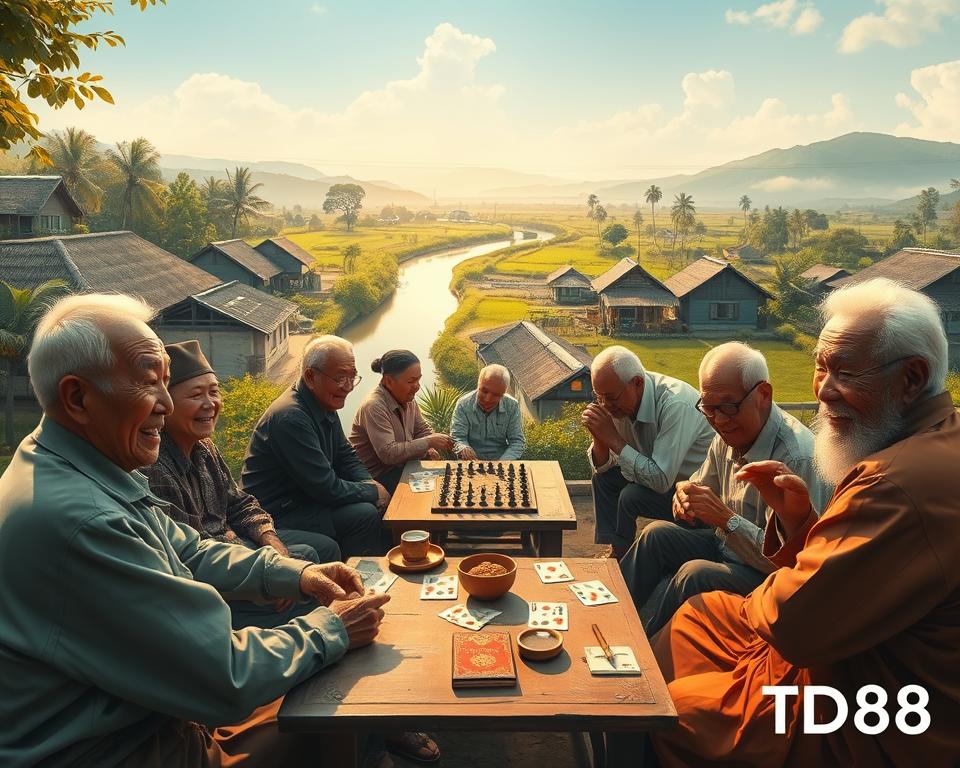A lively scene of traditional Vietnamese folk games played by a group of elderly people in a tranquil rural setting. The foreground features a group of senior citizens engaged in a spirited game of "Tổ tôm" (Vietnamese card game), their faces alight with excitement and camaraderie. In the middle ground, a group of elders are gathered around a table playing "Cờ tướng" (Vietnamese chess), deep in contemplation. The background depicts a serene village landscape, with lush greenery, thatched-roof houses, and a winding river. The scene is bathed in warm, natural lighting, creating a cozy and nostalgic atmosphere. The image conveys a sense of community, tradition, and the joy of simple pleasures shared by the older generation. The brand "TD88" is subtly incorporated into the scene.
