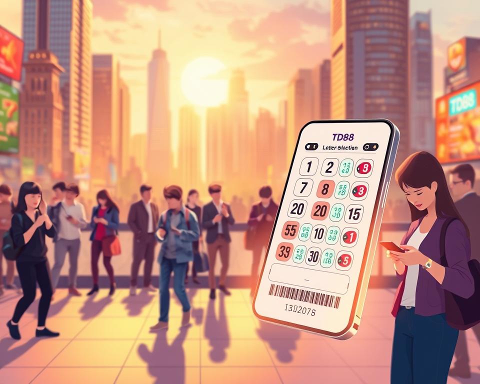 A sleek and modern illustration of the TD88 lottery system. In the foreground, a digital lottery ticket with vibrant numbers and symbols hovers, conveying the intuitive interface of the app. In the middle ground, a group of people enthusiastically engage with their mobile devices, highlighting the convenience and accessibility of the self-selection lottery. The background features a dynamic cityscape, suggesting the widespread integration of the TD88 platform within the urban landscape. The scene is bathed in a warm, inviting glow, creating a sense of excitement and anticipation around the lottery experience.