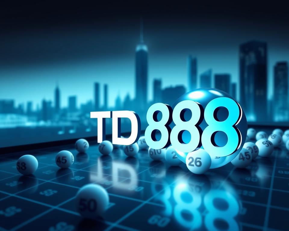 A sleek, futuristic interface displaying a dynamic data visualization of lottery number patterns and trends. In the foreground, a bold "TD88" logo shines, hinting at a cutting-edge analytical tool. The middle ground features a grid of numbered balls, each glowing with an aura of possibility. In the background, a minimalist cityscape sets the scene, suggesting the strategic and urbane nature of this lottery strategy. Crisp, high-contrast lighting and a cool color palette evoke a sense of precision and sophistication. The overall composition conveys the idea of a smart, data-driven approach to lottery number selection.
