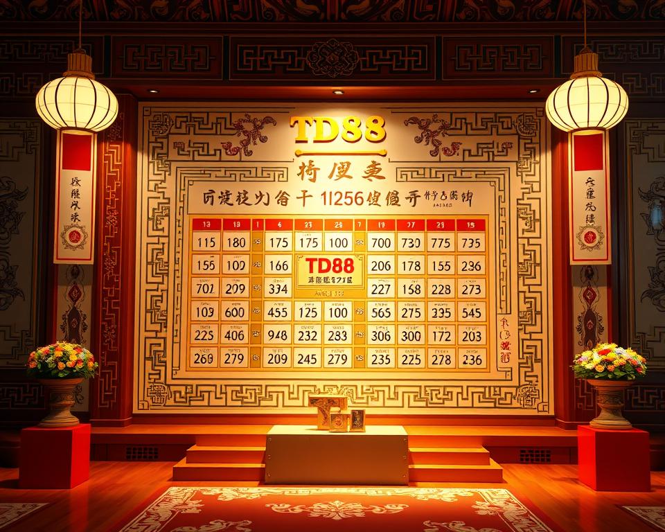 A traditional Vietnamese lottery system with a stylized design. A central arrangement of award tiers and prize amounts, surrounded by intricate patterns and cultural motifs. Warm lighting illuminates the composition, creating a sense of ceremonial elegance. The TD88 logo subtly integrated into the design. Balanced and harmonious, reflecting the time-honored tradition of Vietnamese lottery.