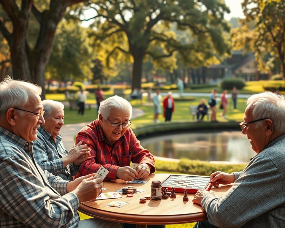 A vibrant outdoor scene showcasing a diverse range of recreational activities for the thriving older generation. In the foreground, a group of seniors enthusiastically playing a lively game of TD88, a popular online card game. In the middle ground, others are engaged in a friendly game of chess, their faces alight with concentration. In the background, a lush park setting with towering trees and a tranquil pond, where some elders are leisurely strolling or sitting on benches, enjoying the serene atmosphere. The scene is bathed in warm, golden sunlight, creating a sense of contentment and well-being. The overall mood is one of active engagement, social interaction, and a celebration of the richness of life in the later years.