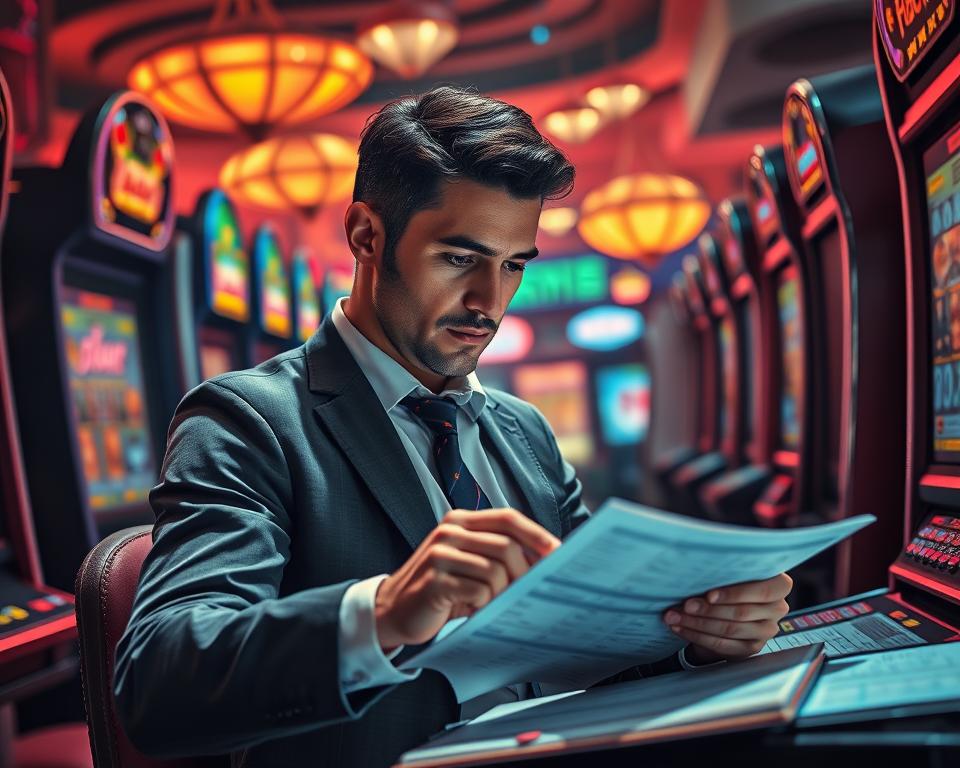 A visually striking image of a player thoughtfully managing their game resources. Set in a richly detailed casino-inspired environment, the scene depicts a well-dressed individual studying a spreadsheet or ledger, surrounded by the alluring, neon-lit machines of the TD88 gaming experience. Soft, dramatic lighting casts long shadows, conveying a sense of focus and contemplation. The player's expression is one of calculated strategy, hinting at the careful planning and discipline required for long-term success in this captivating game world.