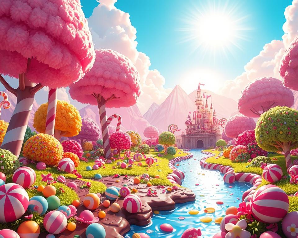 A whimsical, candy-coated landscape in the game world of Sugar Rush, where the TD88 logo stands prominently amidst a vibrant, hyperreal scene. Towering lollipop trees, gummy bear bushes, and a river of chocolate wind through a delightfully sweet environment. Sunlight filters through fluffy, marshmallow-like clouds, casting a warm, inviting glow over the fantastical setting. In the foreground, colorful, larger-than-life candy pieces and confections litter the ground, creating a playful, almost edible atmosphere. The middle ground features a whimsical, candy-themed castle, its towers and turrets made of frosting and sprinkles. In the background, a mountainous horizon of striped candy canes and gumdrop peaks completes this sugary, dreamlike paradise.
